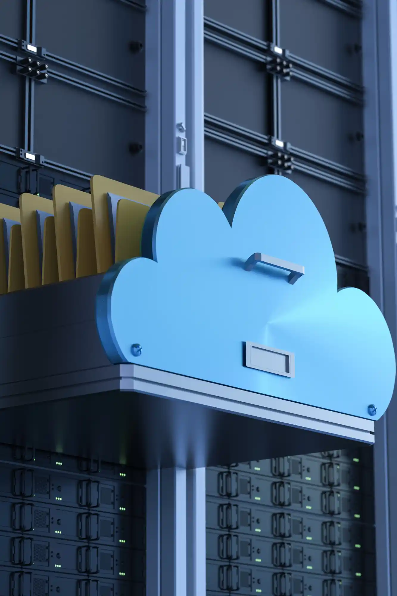 A cloud-shaped insignia in blue that is fastened to a server enclosure that is mounted on a rack. The cloud icon, which evokes data storage or cloud infrastructure technology, is placed prominently in front of blinking lights.