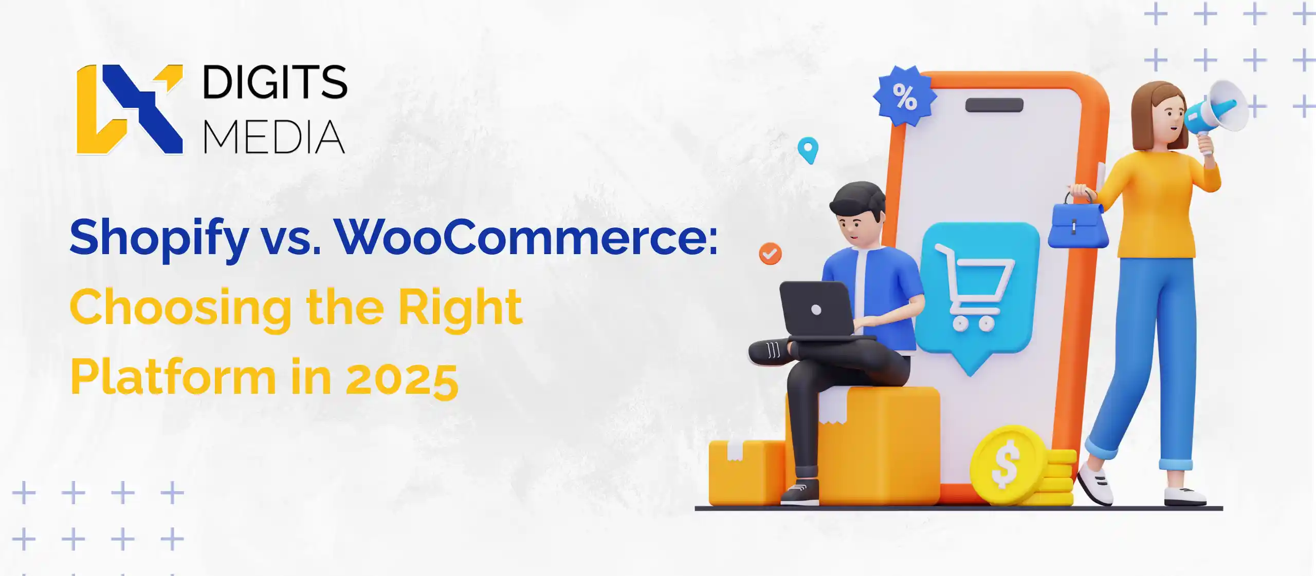 Illustrated banner for ???Shopify vs. WooCommerce??? with characters and a shopping app graphic.